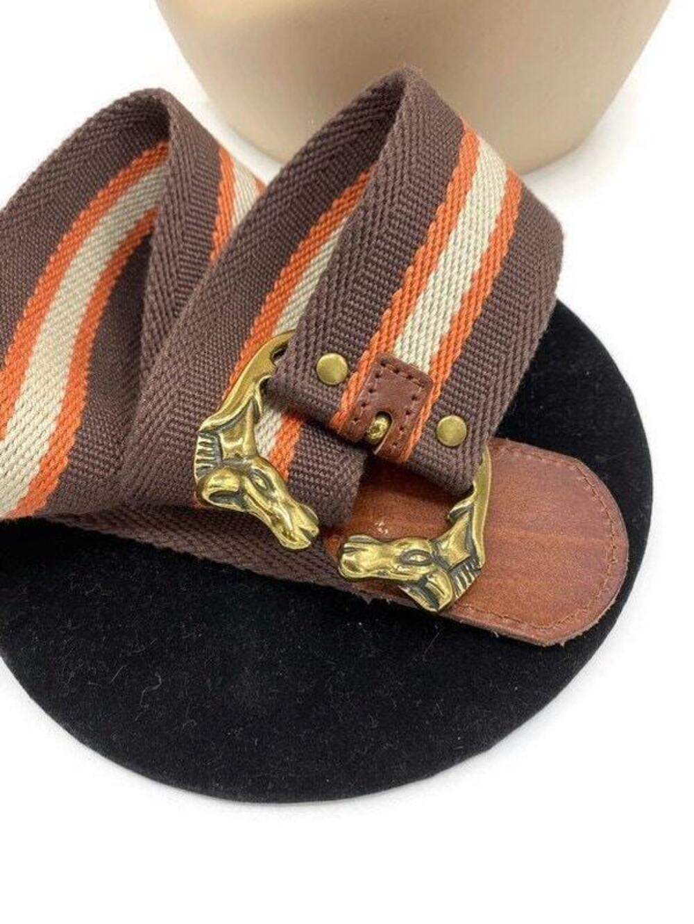 Trojan Horse Gold Belt Buckle Brown Orange Cream Weave  (25”-29”) and 2” wide
